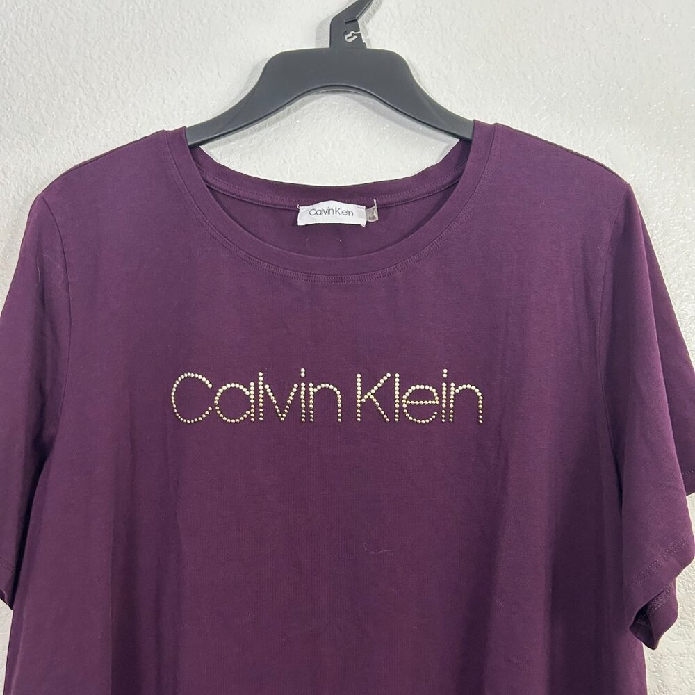 Calvin Klein Studded Rhinestone Logo Short Sleeve Shirt Eggplant Modal Blend - Picture 3 of 5